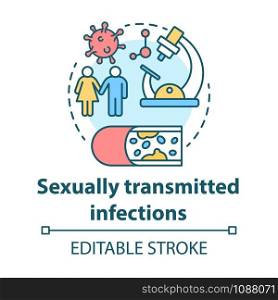 Sexually transmitted infections concept icon. STIs idea thin line illustration. Venereal diseases. Unprotected sex. Bacterias, viruses. Vector isolated outline drawing. Editable stroke