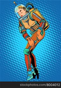 Sexy beautiful girl astronaut in a spacesuit pop art retro style. Science fiction. Flying in space.. Sexy beautiful girl astronaut in a spacesuit