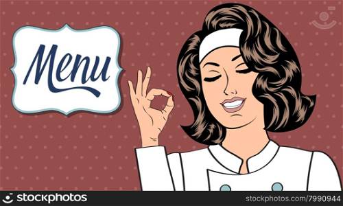 Sexy chef woman in uniform gesturing ok sign with her hand, vector format. Menu