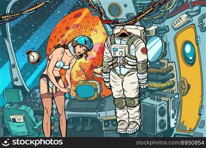 Sexy female astronaut undresses after working in a spaceship. Pop art retro vector illustration comic cartoon kitsch drawing. Sexy female astronaut undresses after working in a spaceship