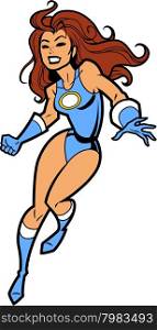 Sexy Female Brunette Superhero With Clenched Teeth and Fist and Blue Costume
