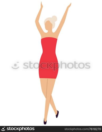 Sexy girl dancer on dance floor in mini red dress isolated cartoon character. Vector blond lady with hands up entertain at disco club, woman on party. Sexy Girl Dancer on Dance Floor in Mini Red Dress