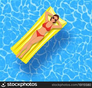 sexy girl lying on mattress, over water. beautiful girl air mattress swims in the pool of a luxury hotel, summer vacation, happiness, travel, smile joy, top view. Vector illustration in flat style. sexy girl lying on mattress, over water