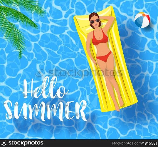 sexy girl lying on mattress, over water. beautiful girl air mattress swims in the pool of a luxury hotel, summer vacation, happiness, travel, top view. Vector illustration in flat style. sexy girl lying on mattress, over water