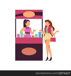 Sexy girl on shopping. Woman on trade expo, advertising of goods. Seller and customer, cartoon street stall vector illustration. Girl in street boutique, seller offer. Sexy girl on shopping. Woman on trade expo, advertising of goods. Seller and customer, cartoon street stall vector illustration