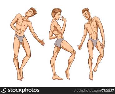 Sexy handsome men dancing in underwear, stripper, go-go boy, gay club disco, vector illustration