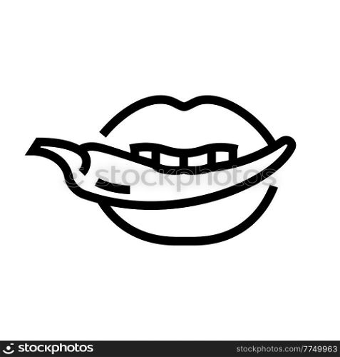 Sexy lips with chili pepper, hot chili pepper in open mouth, drawn by one black line. Sexy lips with hot chili pepper in open mouth