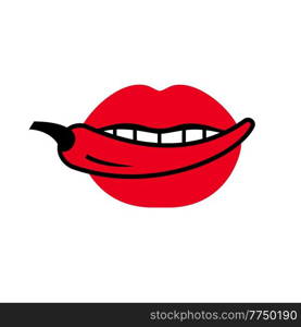 Sexy lips with chili pepper, hot chili pepper in open mouth, red Illustration drawn in the comics style. Sexy lips with hot chili pepper in open mouth