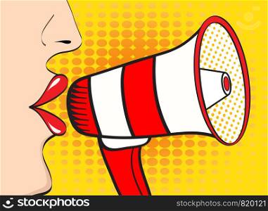 Sexy pop art woman mouth and megaphone speaking. Vector background in comic retro pop art style. Woman with loudspeaker. Shopping, discount or sale announce.