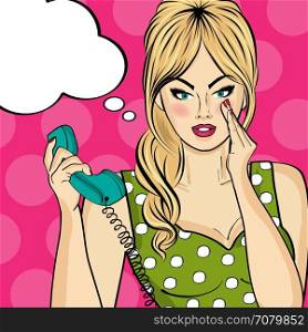 Sexy pop art woman talking on a retro phone. Pin up girl. Vector illustration