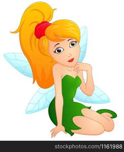 Sexy sitting fairy girl in green dress