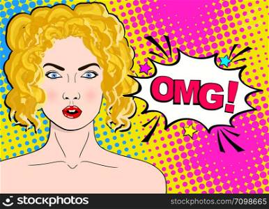 Sexy surprised blonde pop art woman with wide open eyes and mouth and words OMG. Vector background in comic retro pop art style.