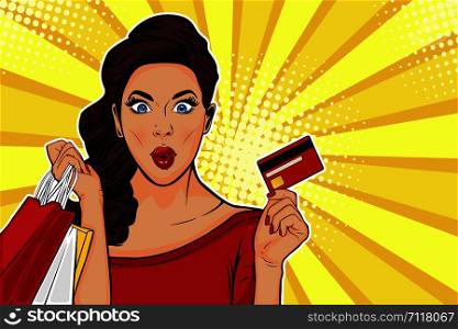 Sexy surprised young woman holding shopping bags and credit card. Colorful illustration in pop art retro comic style