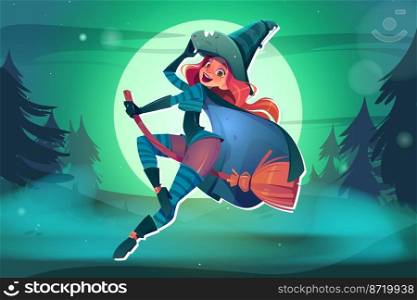 Sexy witch flying on broom, full moon background. Female cartoon character with red hair wearing green cloak and old hat, smiling in foggy midnight forest. Halloween atmosphere vector illustration. Sexy witch flying on broom, full moon background