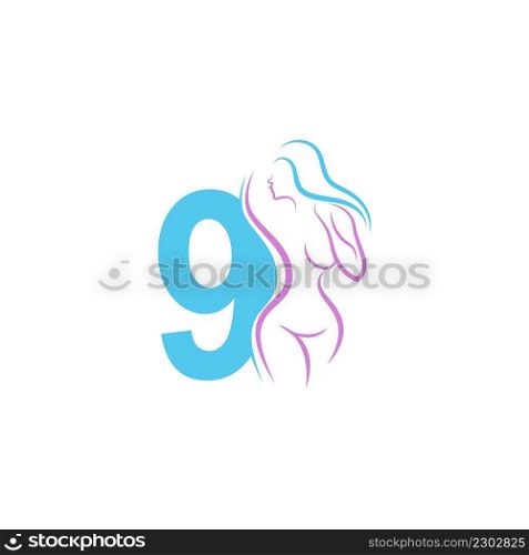 Sexy woman icon in front of number 9 illustration template vector