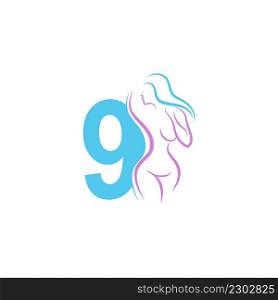 Sexy woman icon in front of number 9 illustration template vector