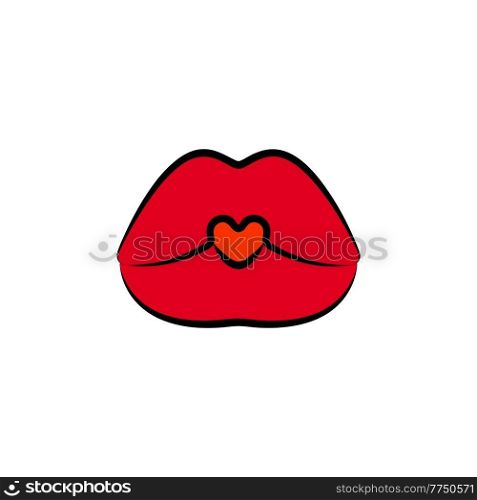 Sexy woman lips, female beautiful close mouth with heart, red Illustration drawn in the comics style. Beauty red lips, female mouth with heart