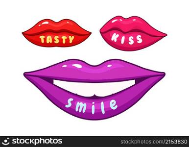 Sexy woman lips. Isolated lip with text smile kiss tasty. Cartoon female red pink mouth vector patches. Illustration of smile lipstick, kiss and love. Sexy woman lips. Isolated lip with text smile kiss tasty. Cartoon female red pink mouth vector patches