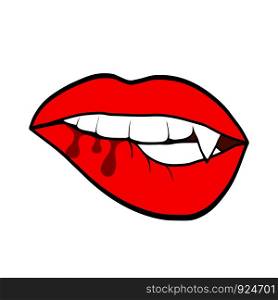 Sexy woman red lips with vampire teeth, halloween design for greeting card, stock vector illustration