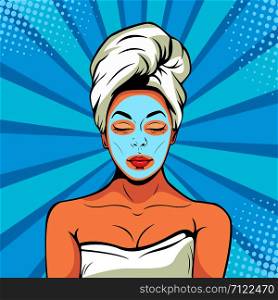 Sexy young woman in bath towel with cosmetic mask on her face. Colorful vector background in pop art retro comic style. Smiling and relaxing female face.