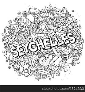 Seychelles hand drawn cartoon doodles illustration. Funny travel design. Creative art vector background. Handwritten text with exotic island elements and objects. Sketchy composition. Seychelles hand drawn cartoon doodles illustration. Funny travel design.