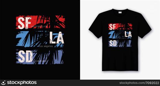 SF LA SD graphic tee vector design with palm tree silhouette. Global swatches.