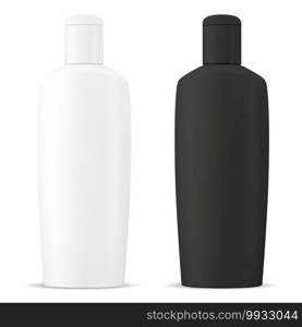 Sh&oo bottle cosmetic blank. Vector package mockup in black and white color. Shower cream or gel tube 3d template design. Beauty soap or medical milk container collection. Bathroom care. Sh&oo bottle cosmetic blank. Vector package