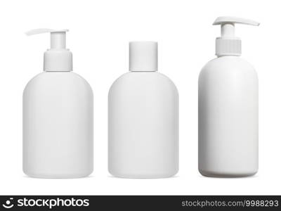 Sh&oo bottle. Cosmetic lotion, gel, soap dispenser blank mockup, isolated. 3d vector design of plastic package for shower cream, bath product. Moisturizer template mock up, pump dispenser. Sh&oo bottle. Cosmetic lotion, soap dispenser