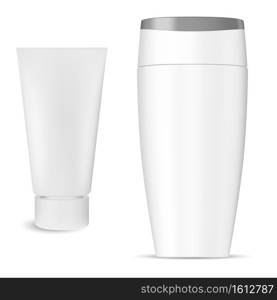 Sh&oo bottle cosmetic package, cream tube product, isolated 3d vector. White plastic hair sh&oo packaging mockup. Liquid lotion container with realistic creme or paste flexible tube concept. Sh&oo bottle cosmetic package, cream tube vector