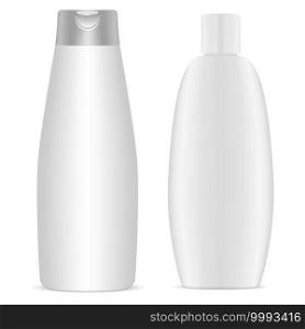 Sh&oo bottle. White plastic cosmetic bottles blank, 3d mockup template. Body gel package collection. Round packaging for bath product. Milk or soap container, health and hygiene. Sh&oo bottle. White plastic cosmetic bottles, 3d