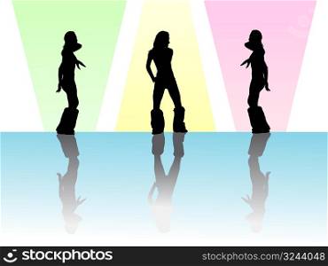 Shadow-figures of dancing girls inside multicolored floodlight