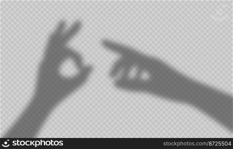 Shadow hand, human arm shades, ok and pointing gestures overlay effect isolated on transparent background. Person show okay and point gesticulation signs on wall Realistic vector illustration. Shadow hand, human arm shades, ok and pointing