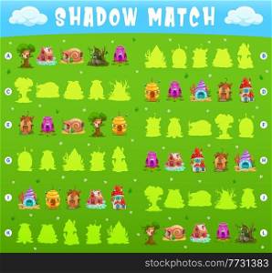 Shadow match game, cartoon fairy houses and dwellings, vector kids tabletop game. Match correct silhouette, board game for kids with elf and dwarf homes of acorn, flower, seashell and mushroom. Shadow match game, cartoon fairy houses, dwellings