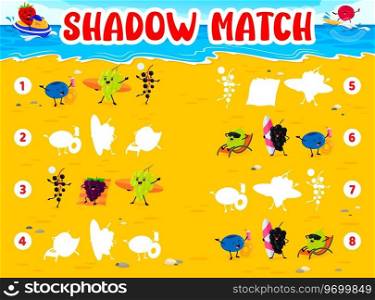 Shadow match game. Cartoon funny berry characters on summer beach. Shadow search vector quiz worksheet with strawberry, grape, blueberry and blackcurrant, gooseberry, cowberry personage on vacation. Shadow match game with berry characters on beach