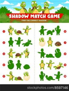 Shadow match game, cartoon turtles and cheerful tortoise animal characters, vector kids puzzle. Find correct shadow silhouette of funny baby turtle smiling happy or hatching from egg, kids riddle game. Shadow match game, cartoon turtle, tortoise animal