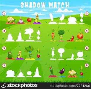 Shadow match game, cartoon vegetable characters on yoga fitness, vector kids tabletop riddle. Find and match correct silhouette of spinach, carrot and cucumber on sport training or yoga exercise. Shadow match game cartoon vegetables, yoga fitness