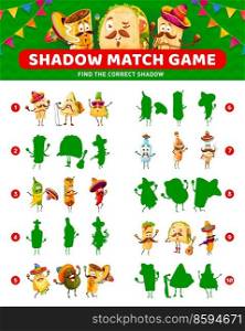 Shadow match game of cartoon tex-mex mexican food characters. Vector worksheet of kids education puzzle, riddle or quiz with funny burrito, taco, nachos and chili pepper, quesadilla, churros, tamale. Shadow match game, cartoon tex-mex mexican food