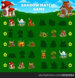 Shadow match game vector worksheet of cartoon gnome and elf houses or dwellings. Kids puzzle, find correct silhouette riddle or quiz on meadow with mushroom, carrot, teapot fairy homes. Shadow match game worksheet, gnome and elf houses