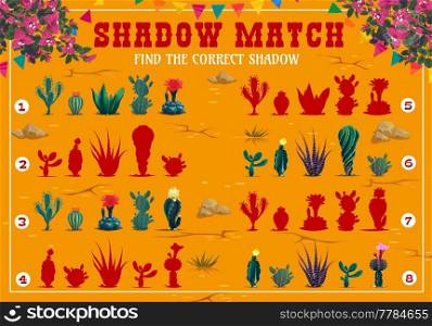 Shadow match game vector worksheet with mexican cactuses succulents in desert. Matching puzzle, kids education quiz, attention test or memory riddle with cactus silhouettes, flags and bougainvillea. Shadow match game worksheet with mexican cactuses