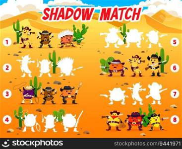 Shadow match game. Wild West cartoon Western cowboy, sheriff and robber fruits characters vector puzzle quiz and riddle. Kids education activity worksheet with Wild West orange, banana, apple, mango. Shadow match game. Wild West cartoon cowboy fruits