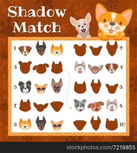 Shadow match game with cartoon puppies and dogs. Kids education riddle game. Find a suitable silhouette of cute animals. Vector boardgame for children logic activity, worksheet for mind development. Shadow match game with cartoon puppies and dogs