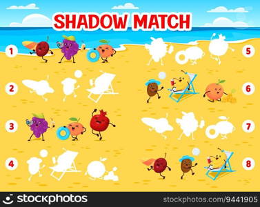 Shadow match game worksheet. Cartoon fruits on summer beach. Silhouette find game, shadow match puzzle vector worksheet with plum, grapes, orange, kiwi and mango cheerful character having fun on beach. Shadow match game with cartoon fruits on beach
