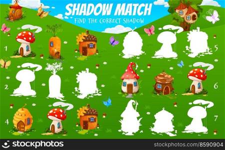 Shadow match game worksheet, cartoon gnome and elf houses. Kids vector riddle with mushroom, carrot, acorn, beehive, nest, pine cone, snail shell fantasy dwellings on green field. Puzzle for children. Shadow match game worksheet, gnome and elf houses