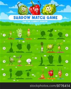 Shadow match game worksheet, cartoon vegetables on yoga fitness. Kids vector riddle with bean pod, chinese cabbage, corn or artichoke, kohlrabi, ch&ignon or radish. Potato, bell pepper, olive, onion. Shadow match game worksheet, vegetables on yoga