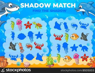 Shadow match game worksheet of cartoon funny underwater animals and fish. Vector kids puzzle game and matching riddle with task of find and connect cute crab, prawn, squid, sea turtle and jellyfish. Shadow match game worksheet, underwater animals