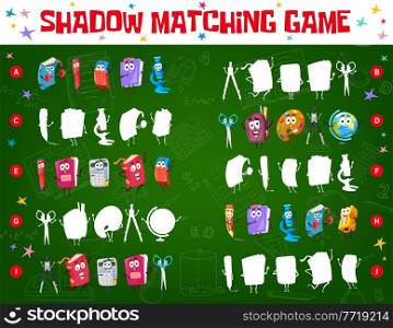 Shadow match game worksheet with school education stationery and books characters. Kids find shadow logical riddle, preschool children puzzle or game with matching, finding correct shape shadow task. Shadow match game worksheet with stationery, books