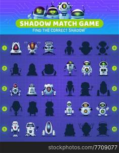 Shadow match kids game with cartoon robots and circuit board. Memory puzzle, educational riddle or maze, children worksheet vector template with modern artificial intelligence android bots. Shadow match kids game with cartoon robots