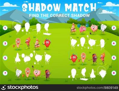Shadow matching game, cartoon funny human organs sportsman characters, vector quiz. Shadow match puzzle with heart on fitness sport, ear playing basketball and kidney on yoga or brain on gym workout. Shadow matching game, cartoon funny human organs