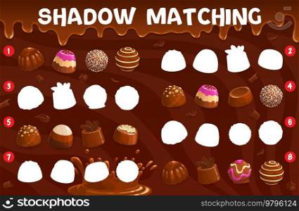 Shadow matching game. Chocolate praline and fudge, souffle and coconut, truffle and jelly, hazelnut candy or bonbon. Shadow match, silhouette find vector quiz vector worksheet with chocolate sweets. Shadow matching game with chocolate praline candy
