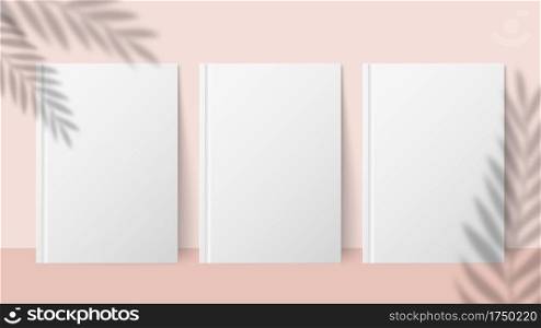 Shadow plant. Overlay palm leaf effect on white book cover. Vector realistic books mockups and blurred nature background. Illustration shadow plant overlap, overlay branch leaf. Shadow plant. Overlay palm leaf effect on white book cover. Vector realistic books mockups and blurred nature background